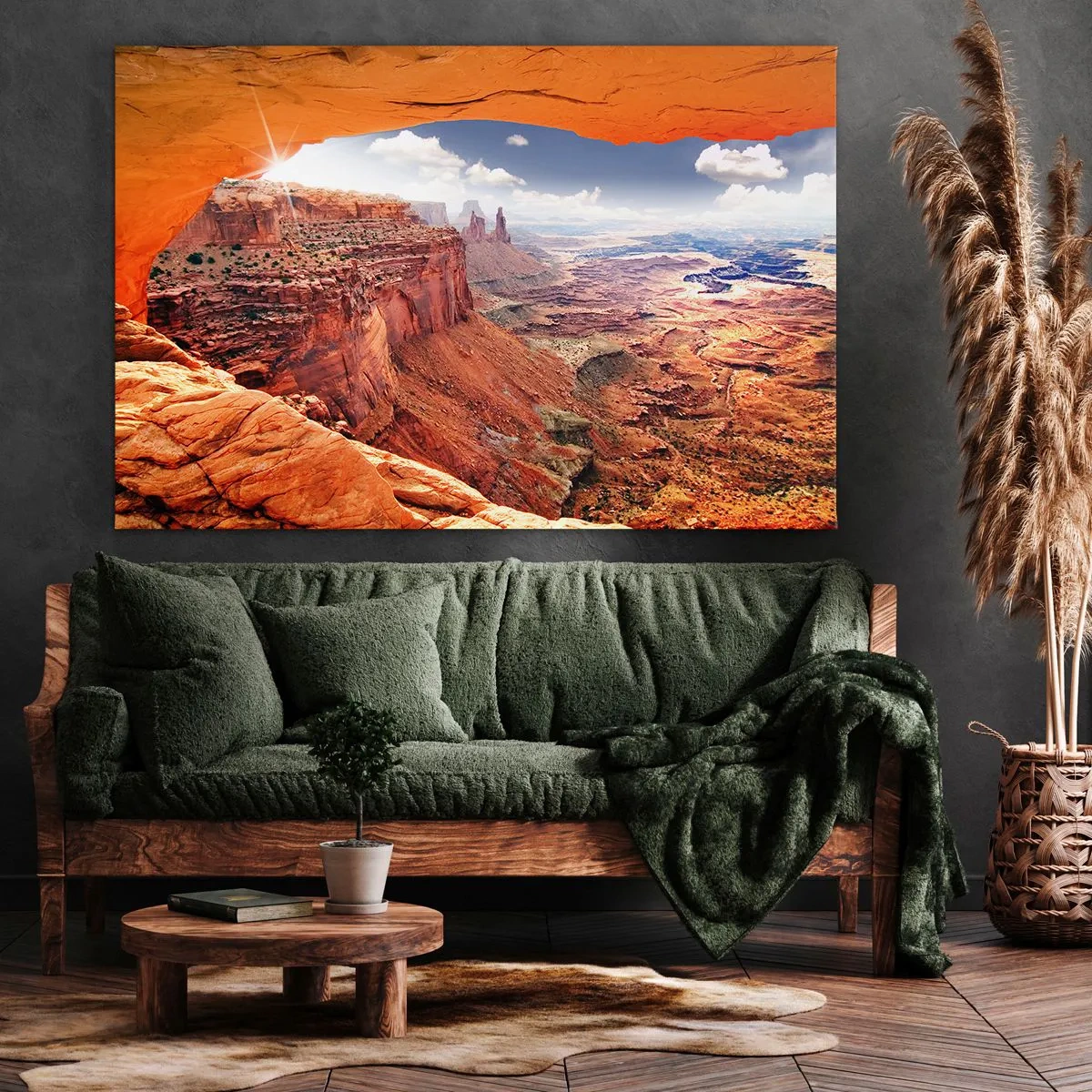 Tablou pe pânză Canvas - Canion văzut printr-o fereastră de stâncă cu tonuri calde de rocă - 70x50cm - Sculptat de natura însăși - Decorațiune modernă pentru perete pentru living și dormitor ARTTOR