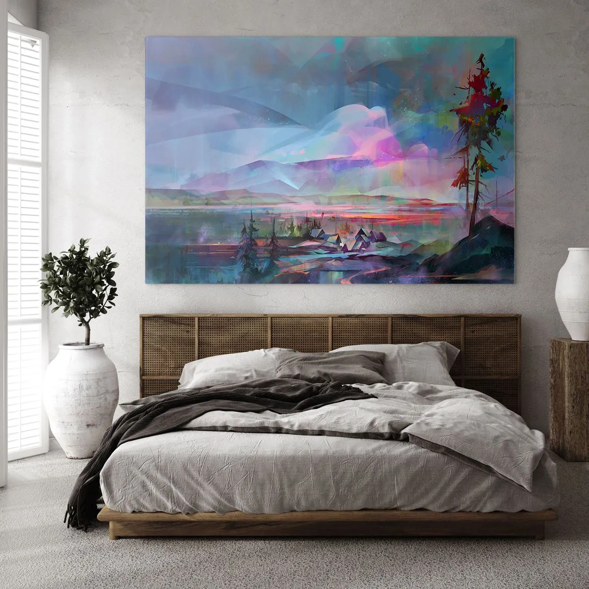 Tablou pe sticlă - Un peisaj colorat cu munți și cabane într-un stil suprarealist. - 70x50cm - Sub un cer binevoitor - Decorațiune modernă pentru perete pentru living și dormitor ARTTOR