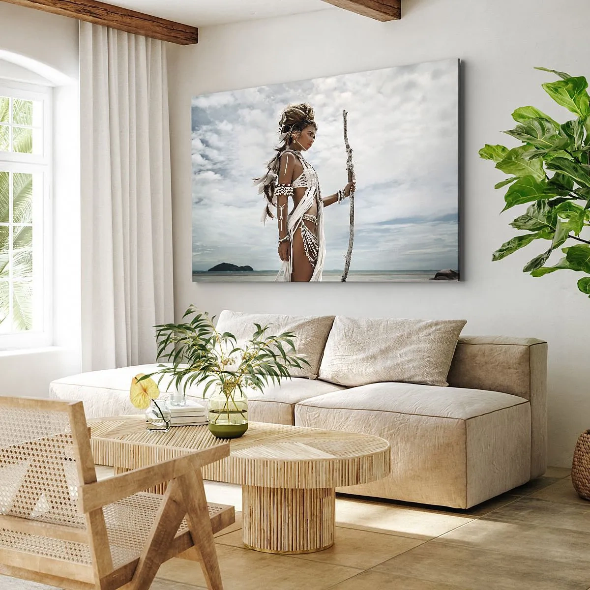 Tablou pe pânză Canvas - Femeie stilizată pe plajă cu ornamente etnice și un băț - 70x50cm - Regina tropicelor - Decorațiune modernă pentru perete pentru living și dormitor ARTTOR