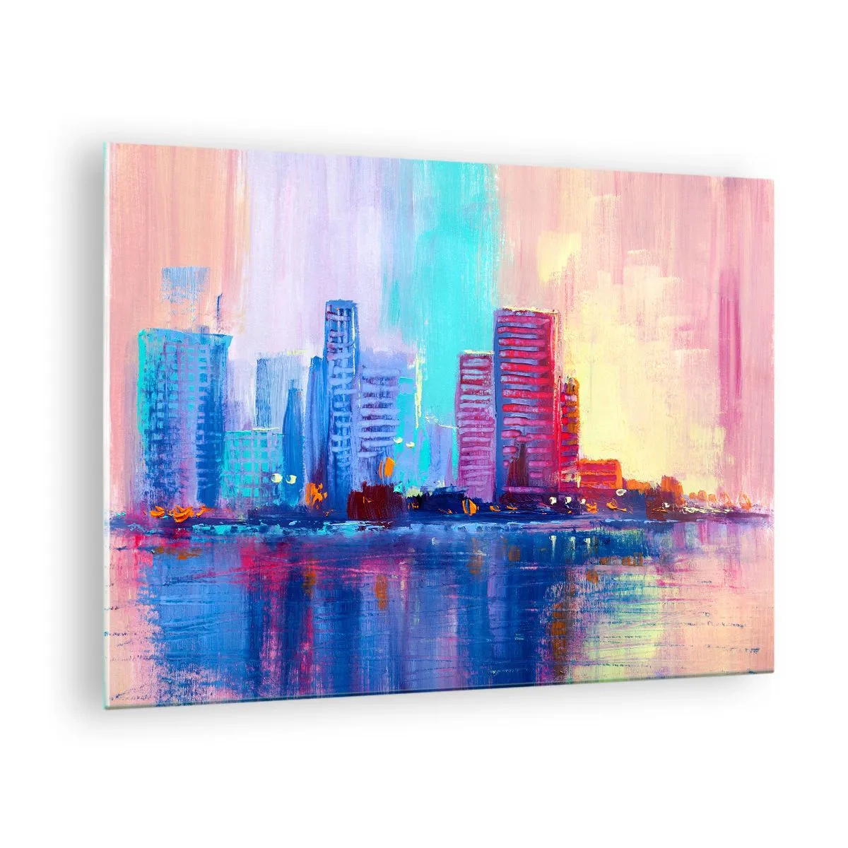 Tablou pe sticlă - Un oraș modern în culori intense reflectate în apă - 70x50cm - Scăldate în culoare - Decorațiune modernă pentru perete pentru living și dormitor ARTTOR