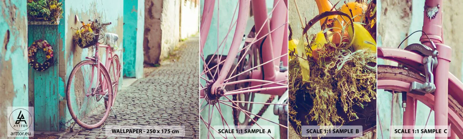 Mostră tapet autocolant Deluxe Sticker - Mă întorc imediat - Bicicleta, Arhitectură, Flori - 100x30 cm