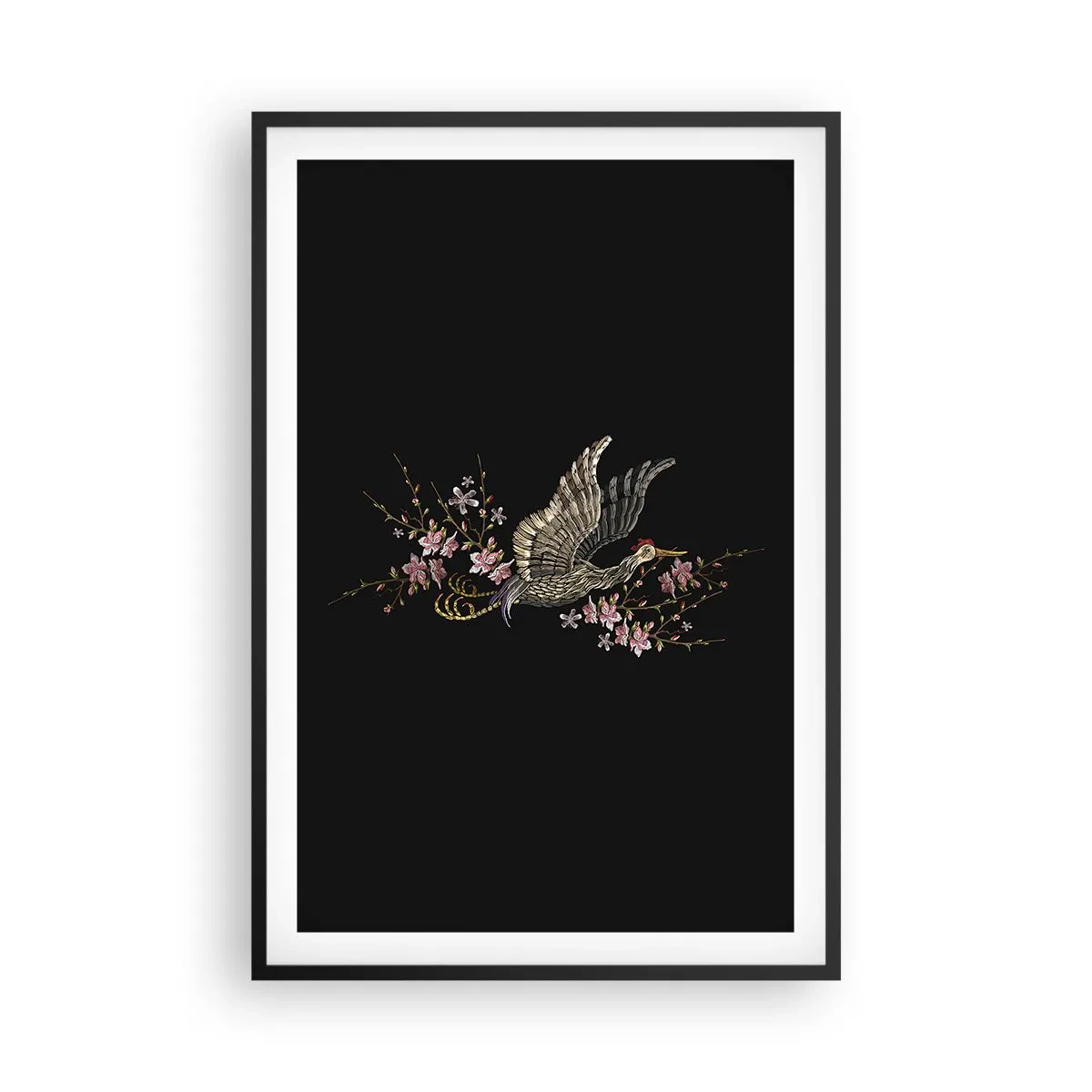 Poster în ramă neagră - Pasăre exotică brodată - 61x91 cm