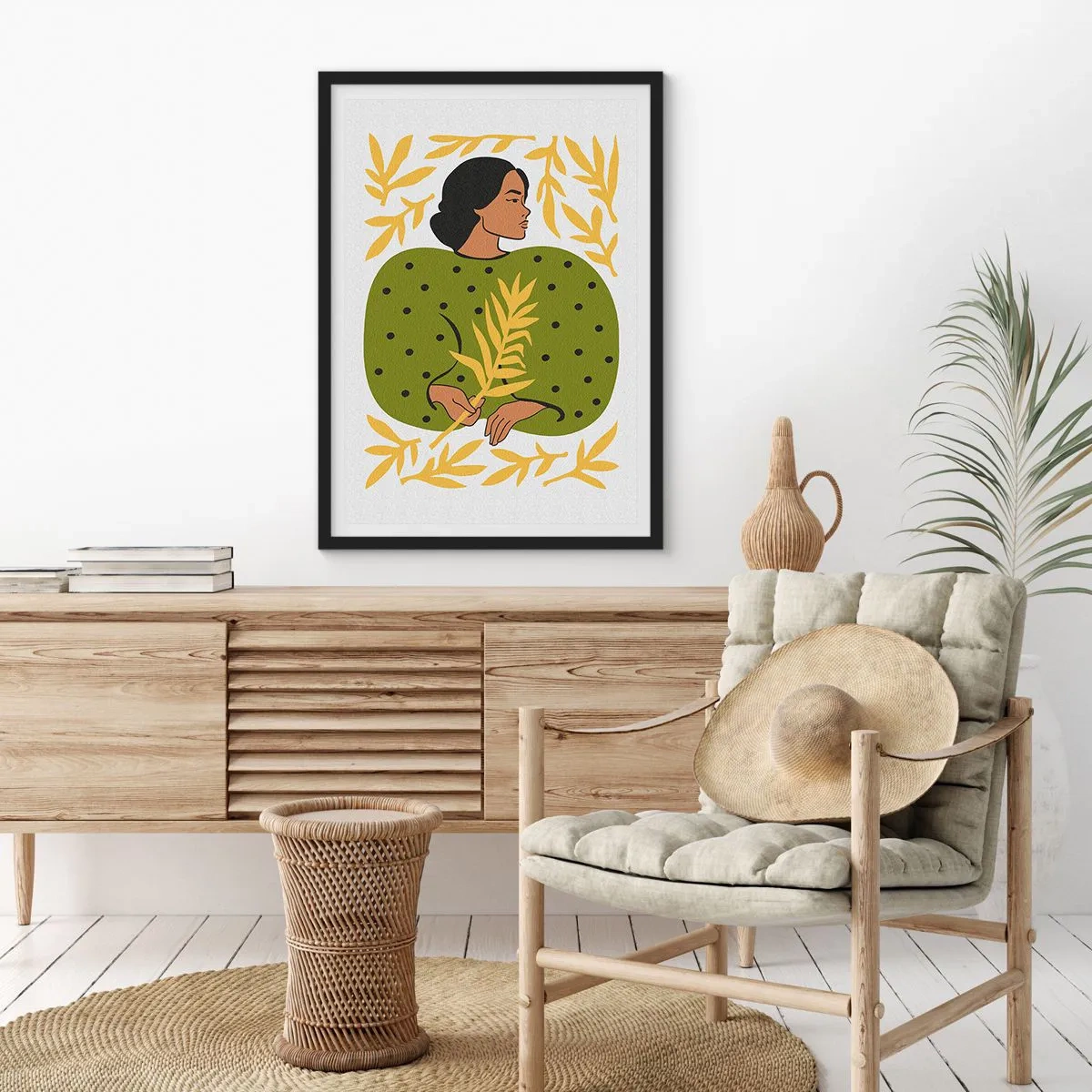Poster în ramă neagră - Portretul unei femei într-o rochie verde cu o frunză galbenă, cu un model delicat - 50x70cm - Fata hawaiiană - Decorațiune modernă pentru perete pentru living și dormitor ARTTOR