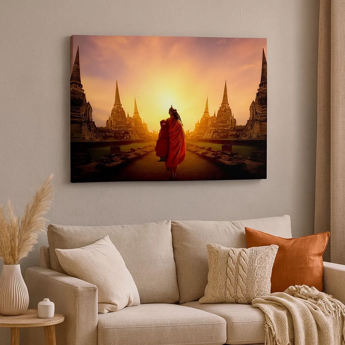 Tablou pe pânză Canvas - Un călugăr printre temple la apus - 70x50cm - În pace prin eternitate - Decorațiune modernă pentru perete pentru living și dormitor ARTTOR