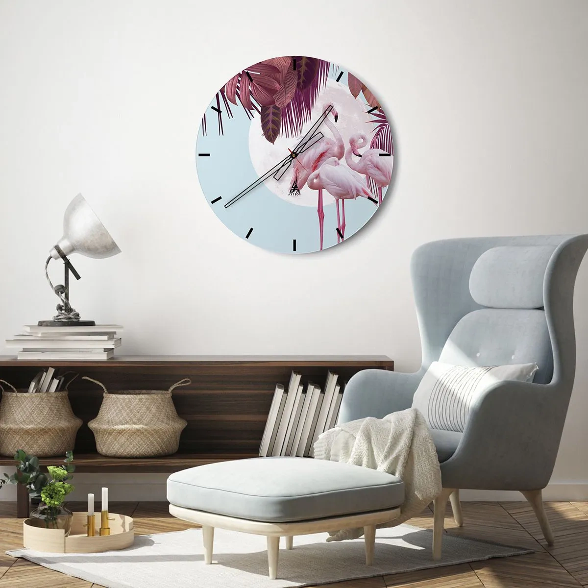 Ceas de perete - Ceas pe sticlă - Flamingo pe fundalul lunii și al frunzelor tropicale - 30x30cm - Harul a trei păsări - Decorațiune modernă pentru perete pentru living, bucătărie și dormitor ARTTOR