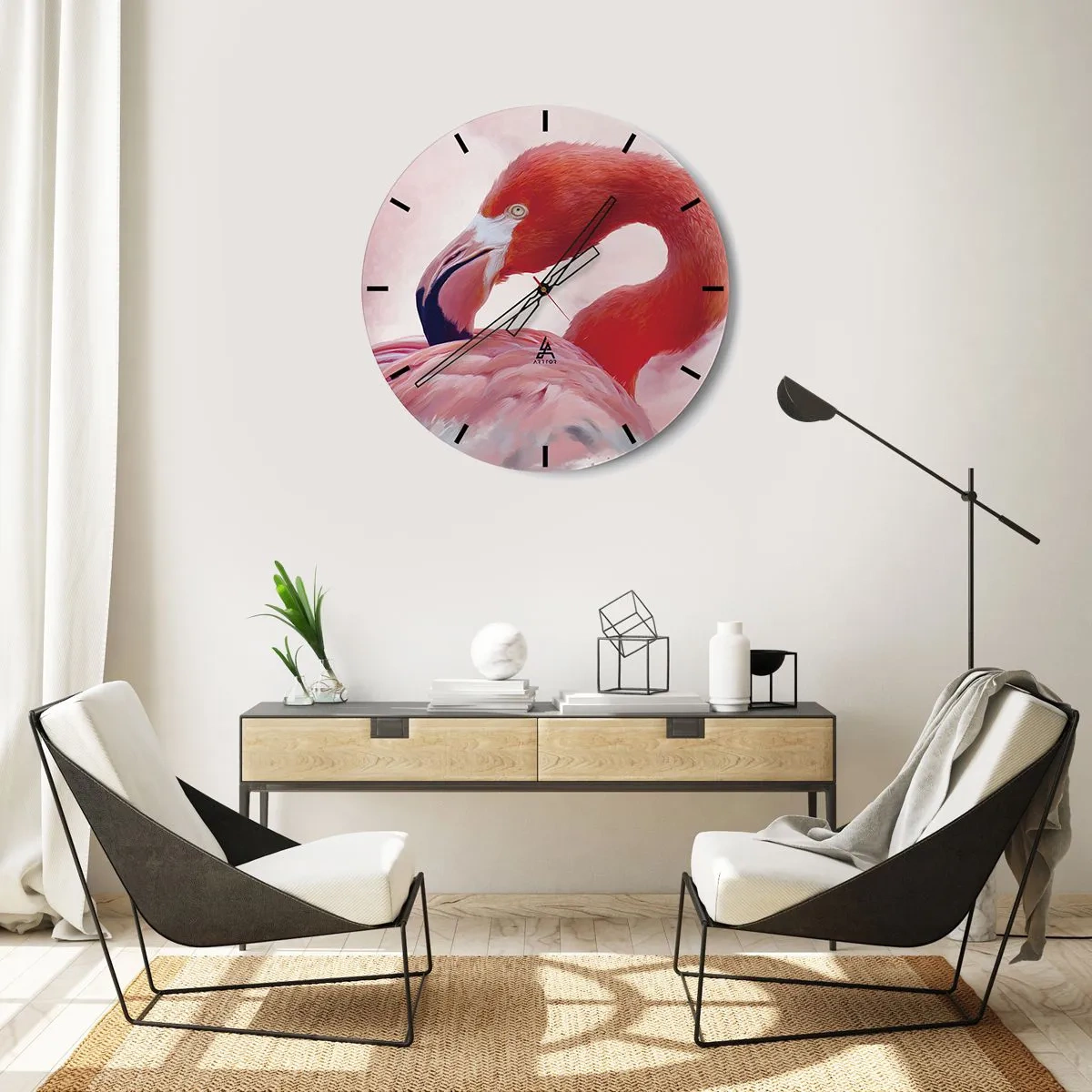 Ceas de perete - Ceas pe sticlă - Flamingo în nuanțe pastelate de roz și roșu - 30x30cm - Frumusețea păsărilor - Decorațiune modernă pentru perete pentru living, bucătărie și dormitor ARTTOR