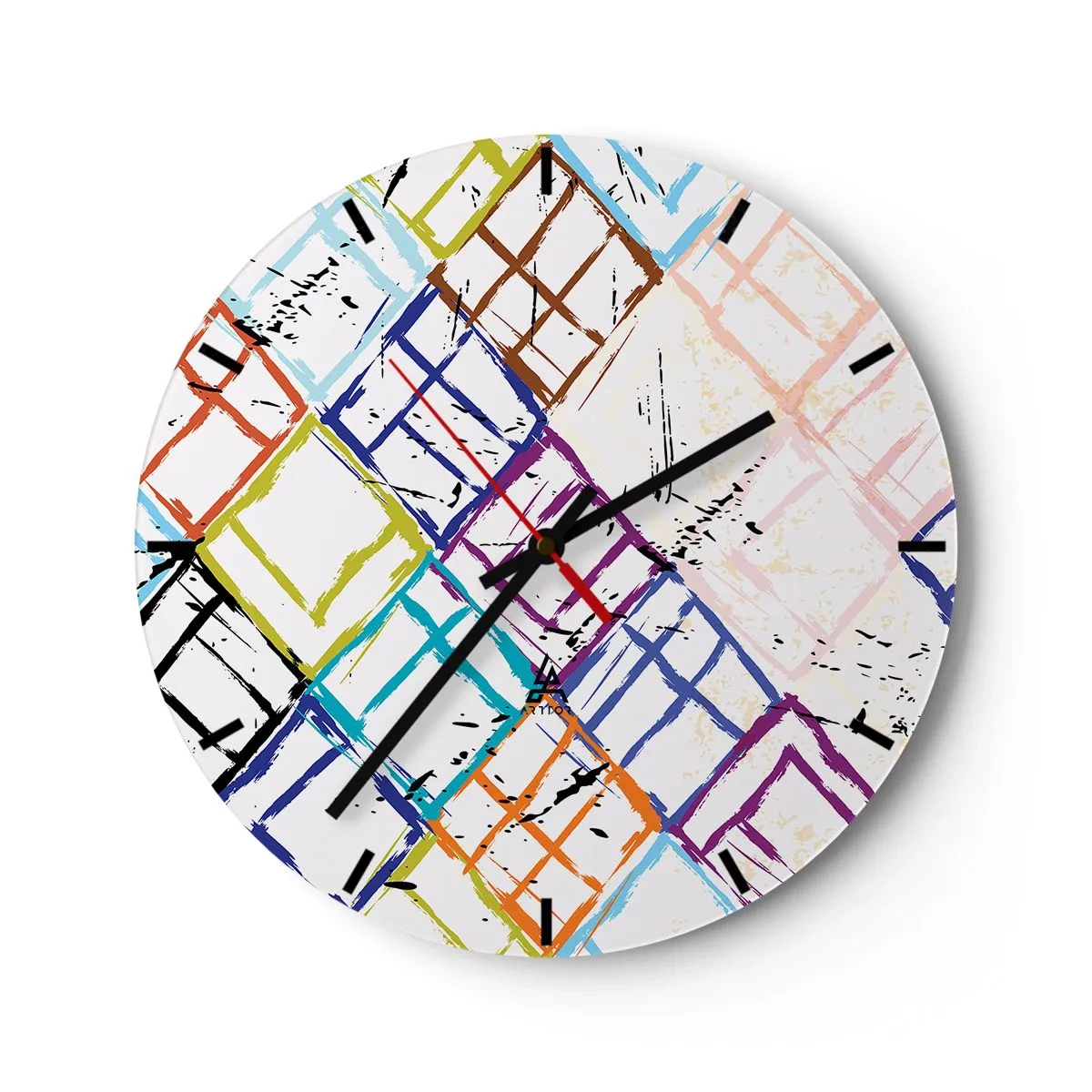 Ceas de perete - Ceas pe sticlă - Linii abstracte colorate care formează forme geometrice - 30x30cm - Ferestre și ferestruici - Decorațiune modernă pentru perete pentru living, bucătărie și dormitor ARTTOR