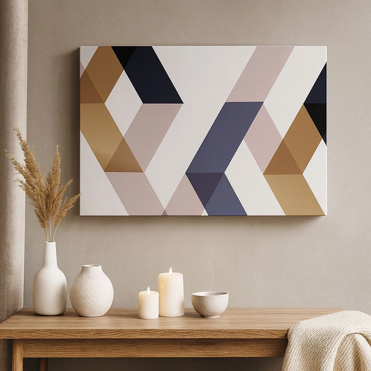 Tablou pe pânză Canvas - Modele geometrice în nuanțe de auriu și albastru marin - 70x50cm - Planuri și unghiuri - Decorațiune modernă pentru perete pentru living și dormitor ARTTOR