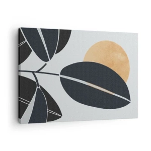 Tablou pe pânză Canvas - Un motiv minimalist de frunze cu un soare strălucitor în fundal. - 70x50cm - Ziua unei veri fierbinți - Decorațiune modernă pentru perete pentru living și dormitor ARTTOR