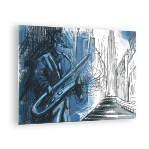 Tablou pe sticlă - Saxofonist de jazz într-un cadru urban în nuanțe de albastru - 70x50cm - Rapsodie urbană - Decorațiune modernă pentru perete pentru living și dormitor ARTTOR