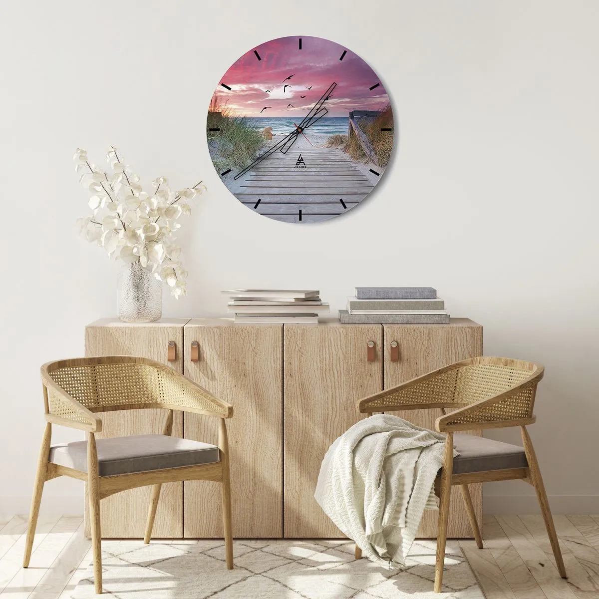 Ceas de perete - Ceas pe sticlă - Debarcader din lemn care duce la plajă la apus - 30x30cm - Impresie baltică - Decorațiune modernă pentru perete pentru living, bucătărie și dormitor ARTTOR