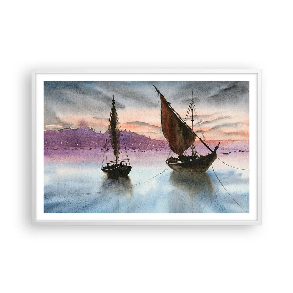 Poster în ramă albă - O seară în port - 91x61 cm