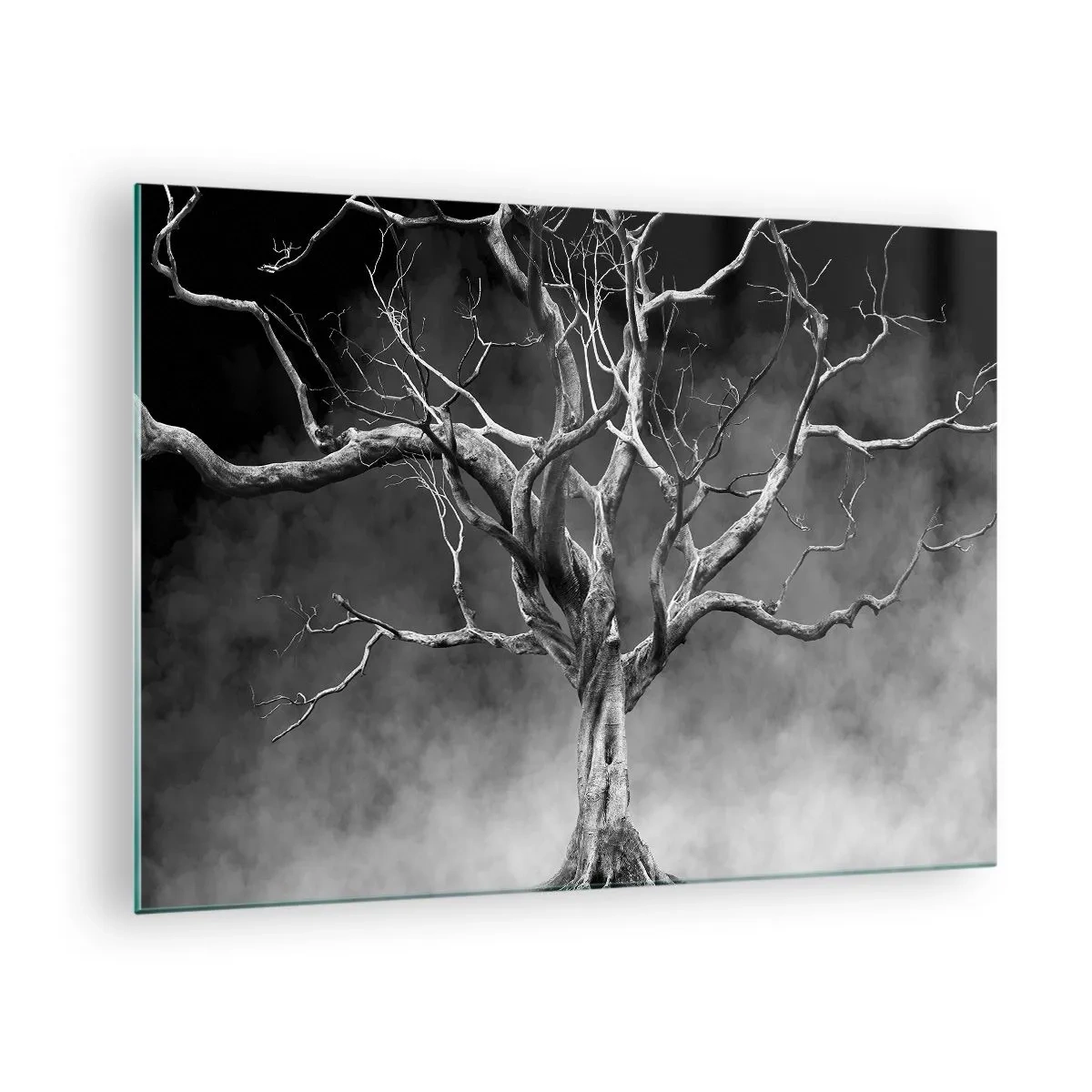 Tablou pe sticlă - Copac negru pe fundalul ceții - 70x50cm - Primare și sacre - Decorațiune modernă pentru perete pentru living și dormitor ARTTOR