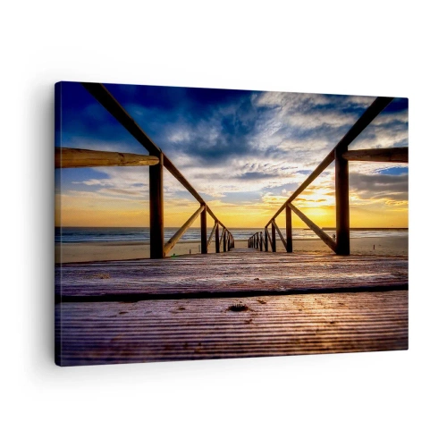 Tablou pe pânză Canvas - Debarcader din lemn care duce la plajă la apus - 70x50cm - Direct la o plajă liniștită la apus de soare - Decorațiune modernă pentru perete pentru living și dormitor ARTTOR