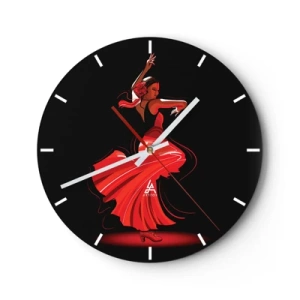 Ceas de perete - Ceas pe sticlă - Dansatoare de flamenco într-o rochie roșie pe un fundal negru - 30x30cm - Spiritul înflăcărat al flamenco-ului - Decorațiune modernă pentru perete pentru living, bucătărie și dormitor ARTTOR