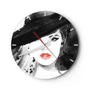 Ceas de perete - Ceas pe sticlă - Femeie elegantă cu o pălărie și buze roșii - 30x30cm - Doamna în negru - Decorațiune modernă pentru perete pentru living, bucătărie și dormitor ARTTOR