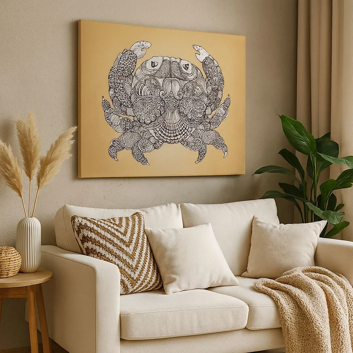 Tablou pe pânză Canvas - Desen decorativ al unui crab pe fundal auriu - 70x50cm - Poveștile Domnului Crab - Decorațiune modernă pentru perete pentru living și dormitor ARTTOR