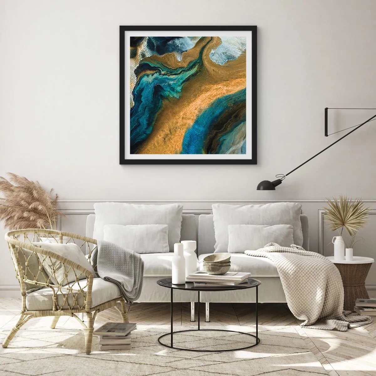 Poster în ramă neagră - Albastru - galben - influență reciprocă - 60x60 cm