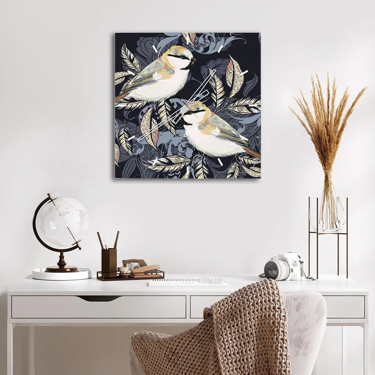 Ceas de perete - Ceas pe sticlă - Ciripirile galben-albastru - 40x40 cm