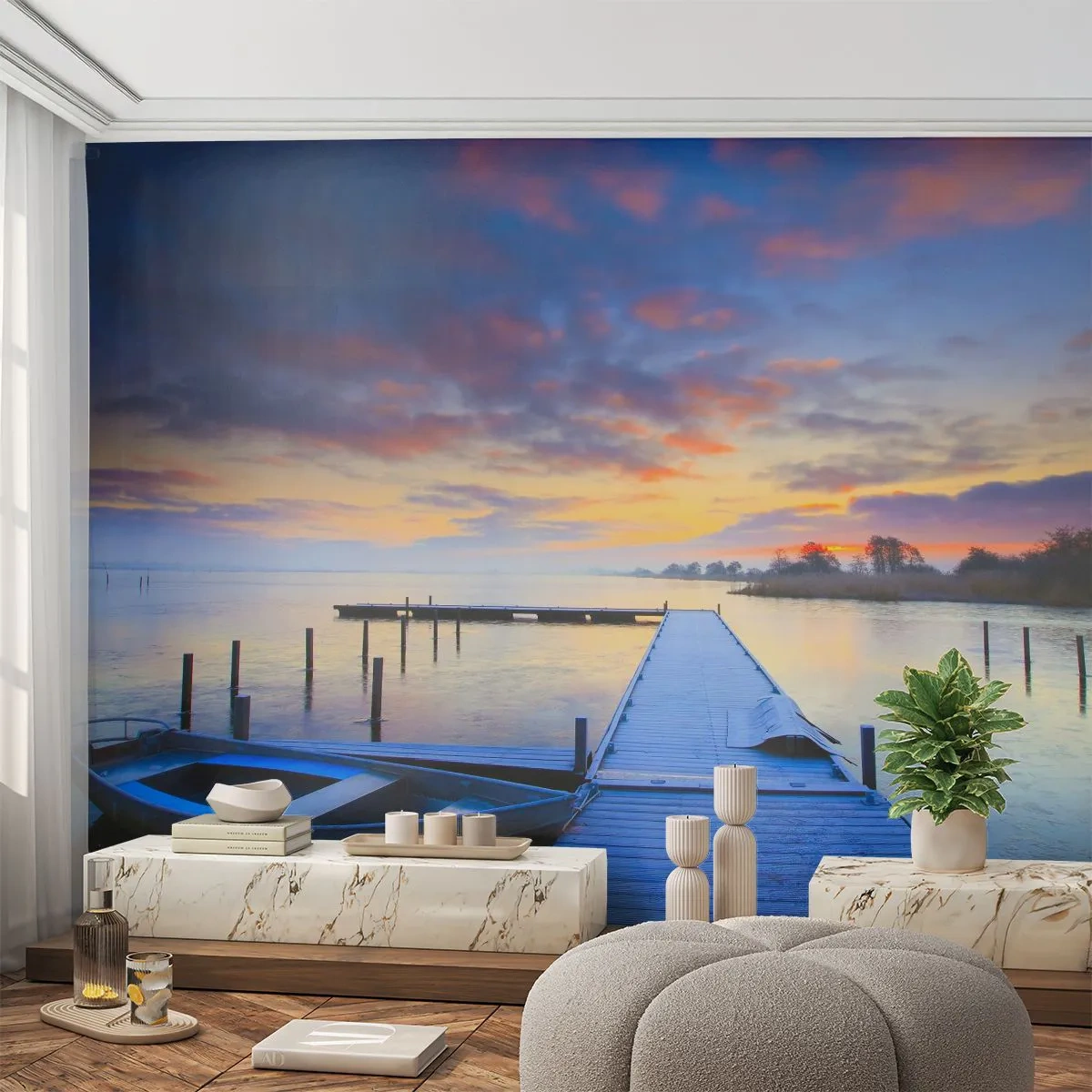 Tapet Premium Canvas - Seninătate mov-auriu - Peisaj, Lac, Barcă - 250x175 cm