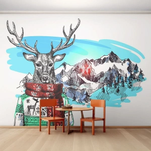 Tapet Standard Eco - O căprioară într-un pulover și o eșarfă de iarnă pe fundalul unui peisaj montan - 100x70cm - Nici măcar un cerb nu îngheață  - Decorațiune modernă pentru perete pentru living și dormitor ARTTOR