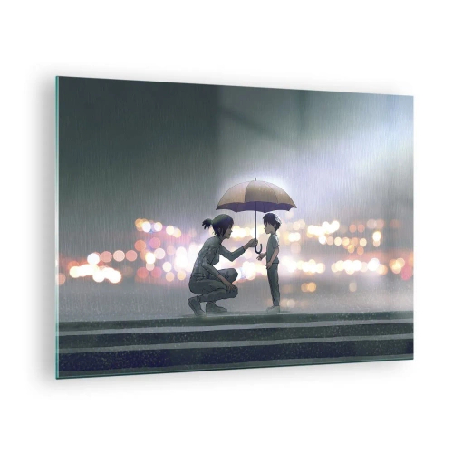 Tablou pe sticlă - Figuri în ploaie cu umbrele pe fundalul luminilor de noapte - 70x50cm - Și totul este bine acum - Decorațiune modernă pentru perete pentru living și dormitor ARTTOR