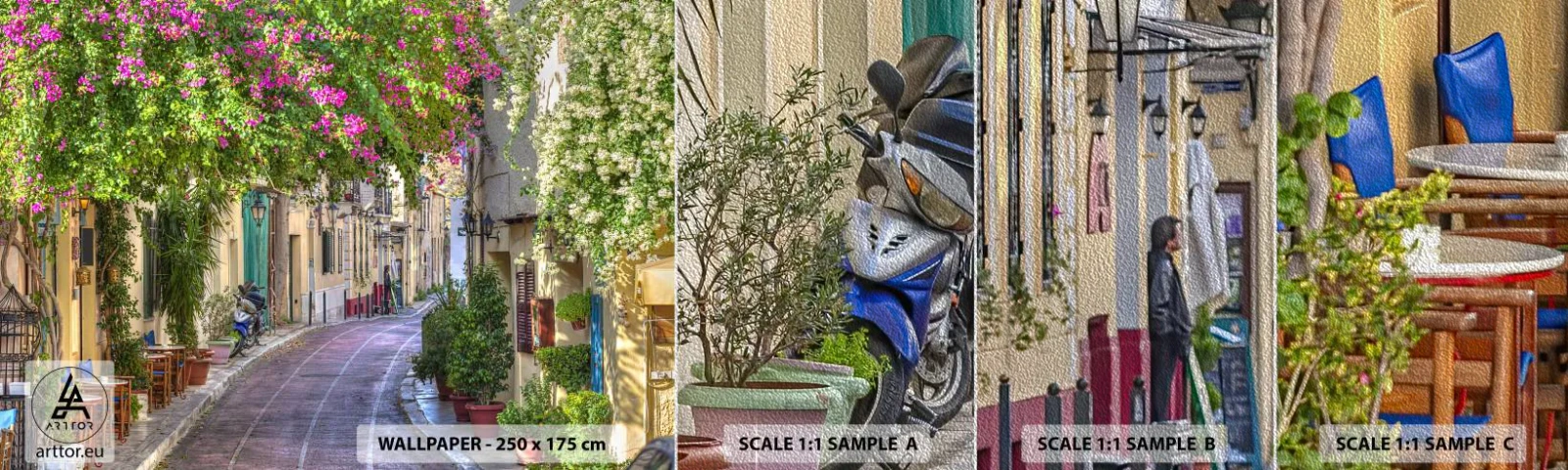 Mostră tapet Premium Sand - Alee înfloritoare - Arhitectură, Grecia, Oraș - 100x30 cm
