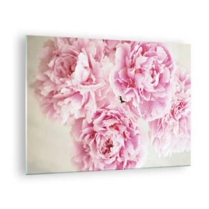 Tablou pe sticlă - Un buchet de bujori roz plini pe un fundal deschis - 70x50cm - În luxul roz - Decorațiune modernă pentru perete pentru living și dormitor ARTTOR