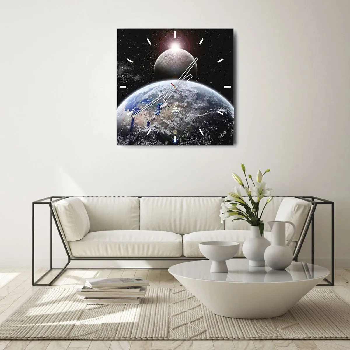 Ceas de perete - Ceas pe sticlă - Peisaj cosmic - răsărit de soare - 40x40 cm