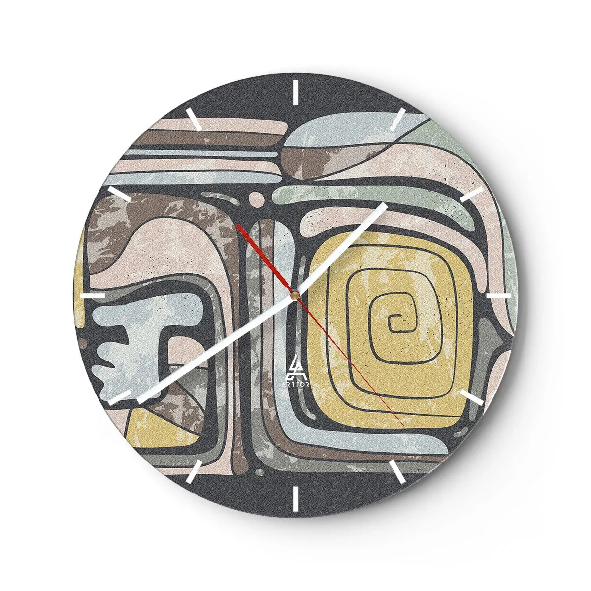 Ceas de perete - Ceas pe sticlă - Forme abstracte cu motiv spiralat în stil etnic - 30x30cm - Abstracție în spirit precolumbian - Decorațiune modernă pentru perete pentru living, bucătărie și dormitor ARTTOR