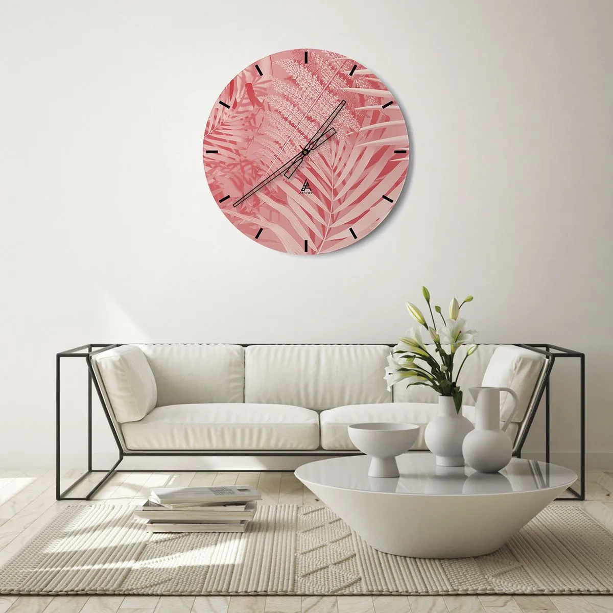 Ceas de perete - Ceas pe sticlă - Frunze de plante tropicale în nuanțe de roz și bej - 30x30cm - Conceptul roz - Decorațiune modernă pentru perete pentru living, bucătărie și dormitor ARTTOR