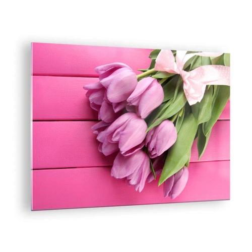 Tablou pe sticlă - Un buchet de lalele roz pe un fundal de lemn - 70x50cm - Doar pentru tine - Decorațiune modernă pentru perete pentru living și dormitor ARTTOR