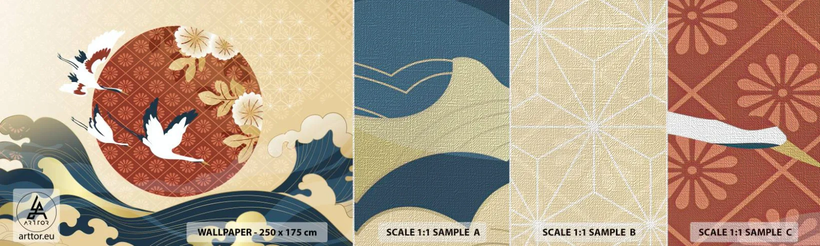 Mostră tapet Premium Canvas - O fabulă japoneză - Stârc, Pasăre, Abstracția - 100x30 cm