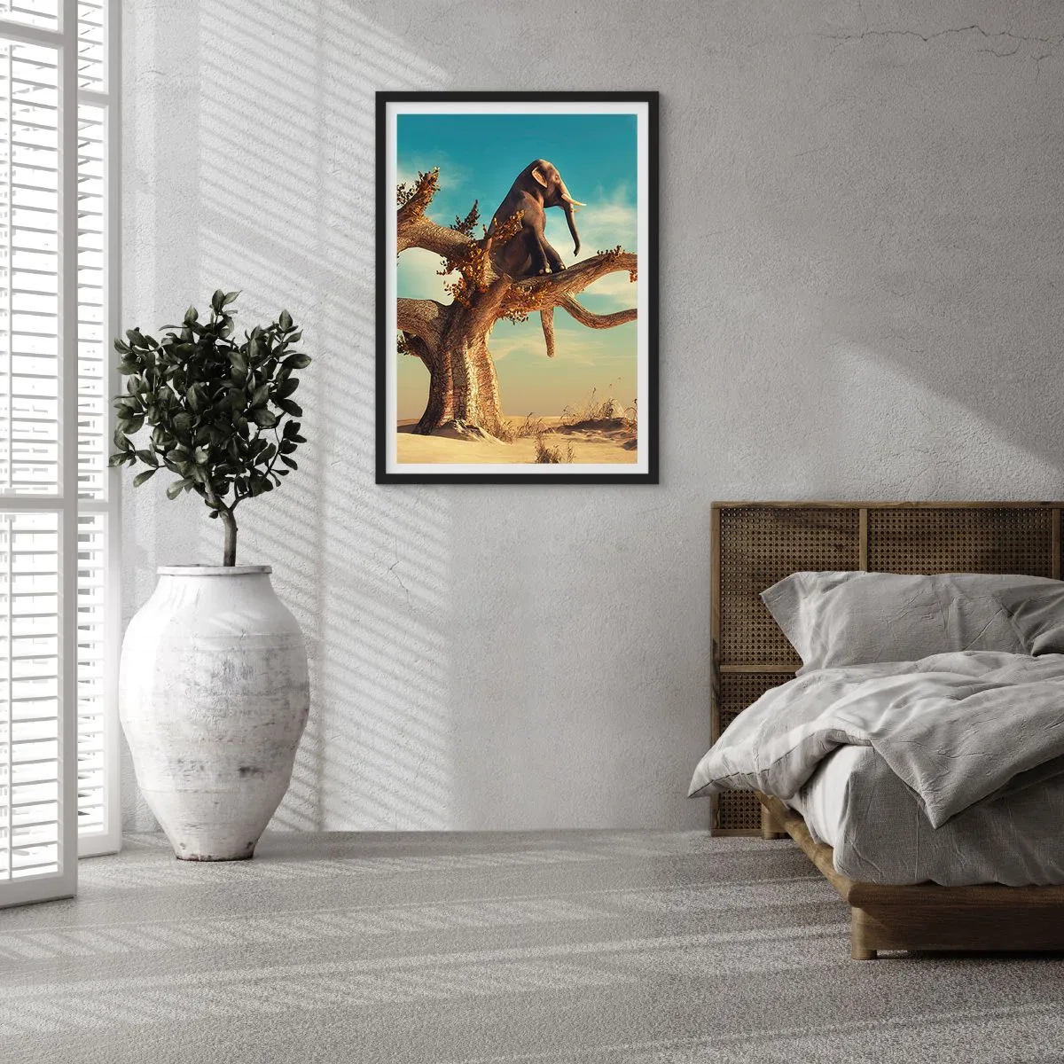 Poster în ramă neagră - Un elefant stând pe o creangă de copac într-un peisaj suprarealist. - 50x70cm - Un nou punct de vedere - Decorațiune modernă pentru perete pentru living și dormitor ARTTOR