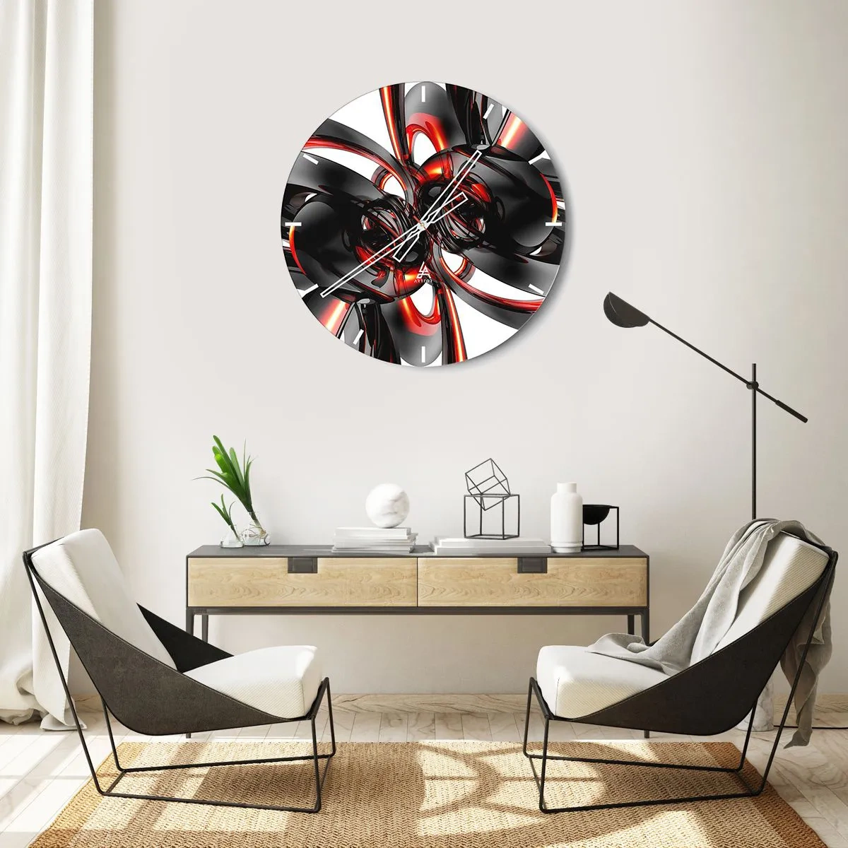 Ceas de perete - Ceas pe sticlă - Model abstract cu forme roșii și negre - 30x30cm - Mișcare în grafit și roșu - Decorațiune modernă pentru perete pentru living, bucătărie și dormitor ARTTOR