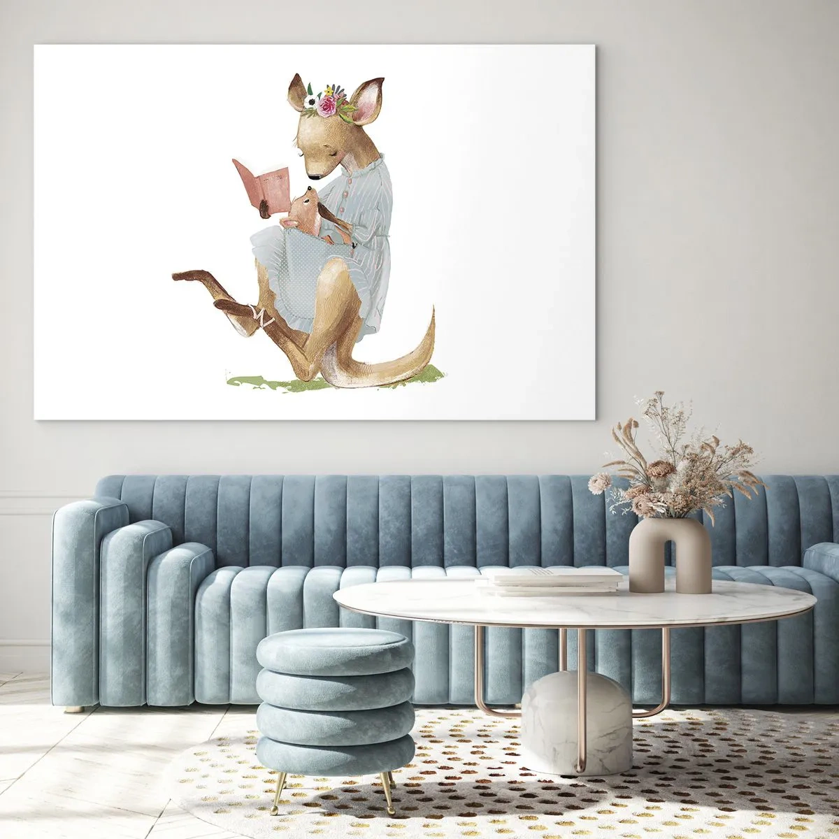 Tablou pe sticlă - O mamă cangur citindu-i o carte unui pui de cangur - 70x50cm - Citește-mi, mamă - Decorațiune modernă pentru perete pentru living și dormitor ARTTOR