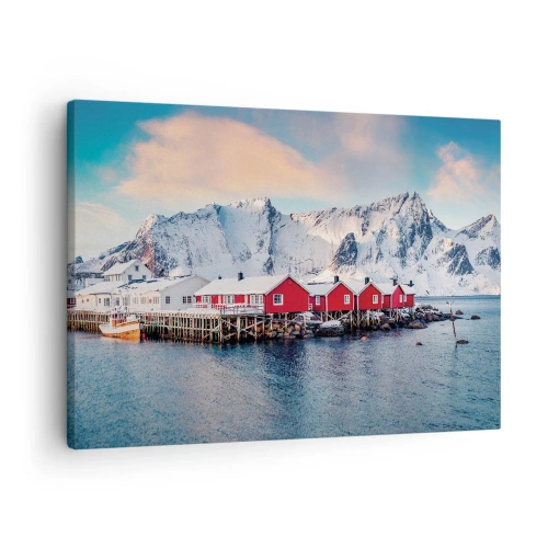 Tablou pe pânză Canvas - Case roșii pe fundalul munților înzăpeziți și al mării albastre - 70x50cm - Retragerea nordică - Decorațiune modernă pentru perete pentru living și dormitor ARTTOR