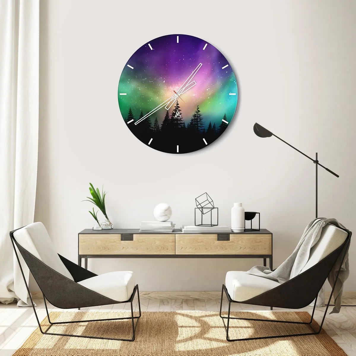 Ceas de perete - Ceas pe sticlă - Aurora boreală deasupra pădurii de conifere - 30x30cm - Magie albă - Decorațiune modernă pentru perete pentru living, bucătărie și dormitor ARTTOR