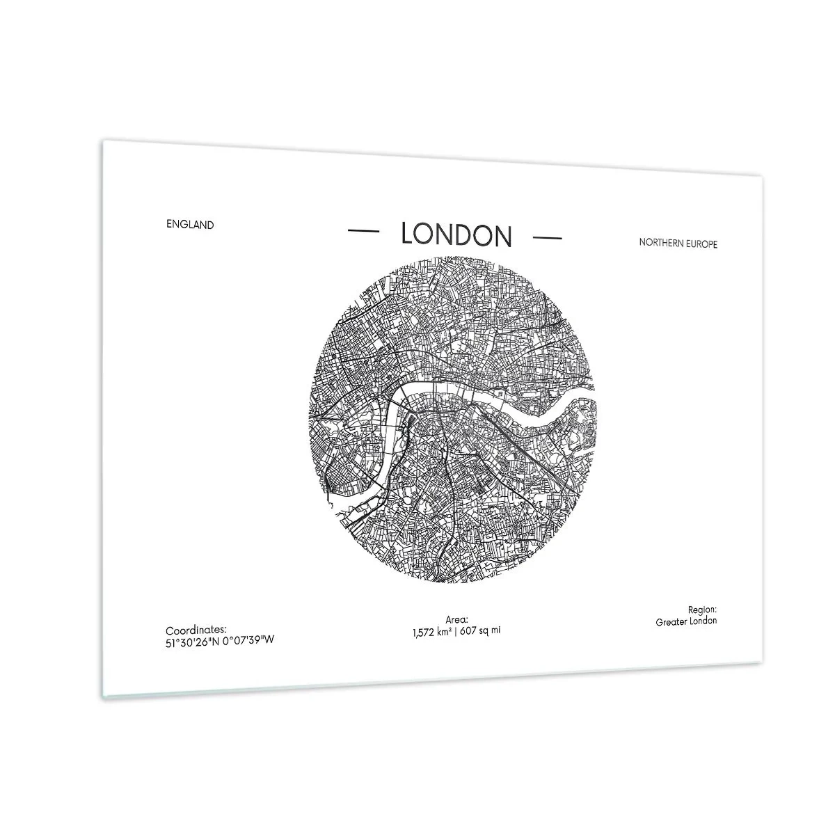 Tablou pe sticlă - O hartă detaliată a Londrei, în stil grafic alb-negru. - 70x50cm - Anatomia Londrei - Decorațiune modernă pentru perete pentru living și dormitor ARTTOR