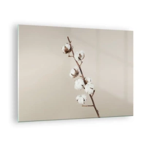 Tablou pe sticlă - O crenguță de bumbac pe un fundal deschis, minimalist - 70x50cm - La sursa moliciunii - Decorațiune modernă pentru perete pentru living și dormitor ARTTOR