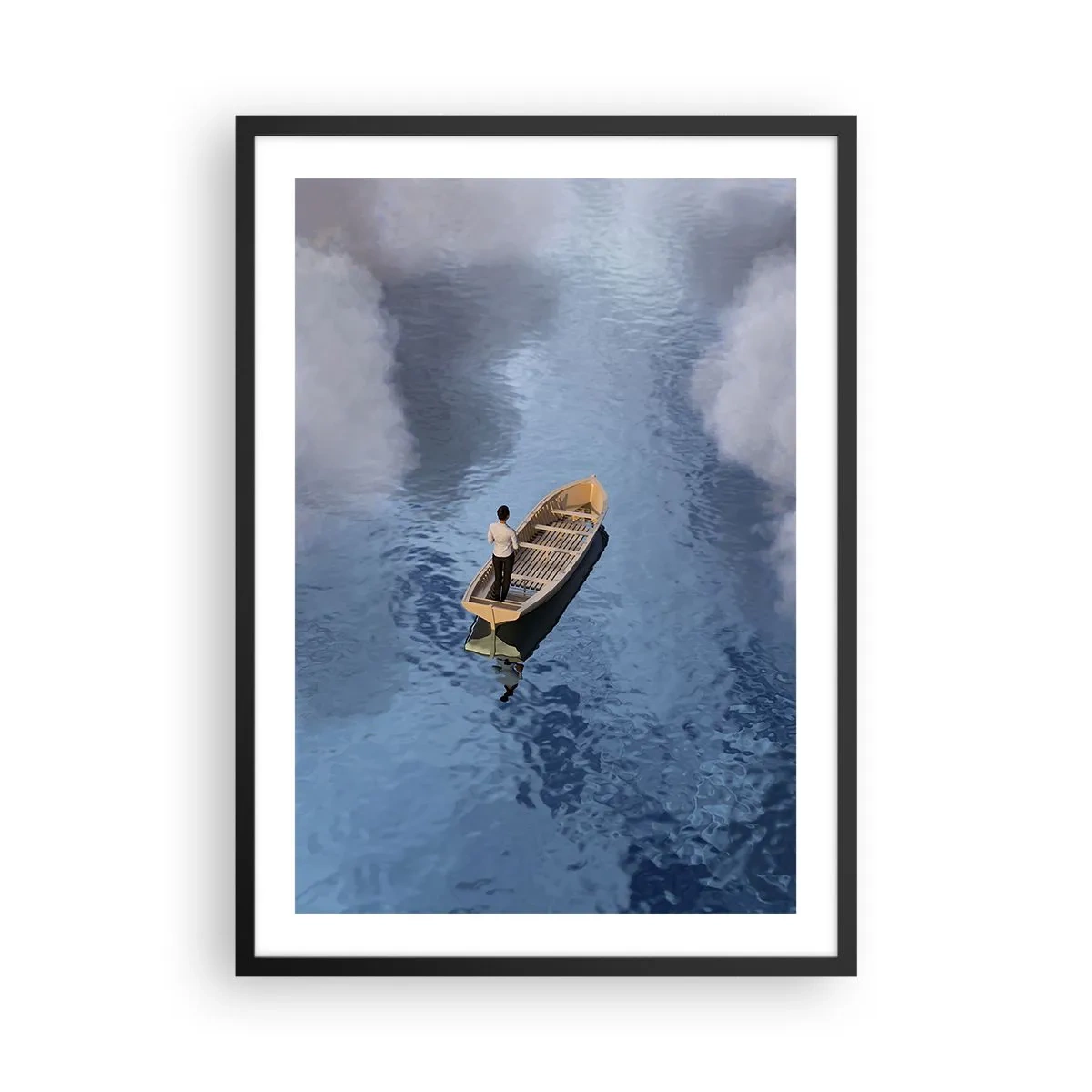 Poster în ramă neagră - O persoană într-o barcă plutind pe apă, reflectând cerul și norii. - 50x70cm - Viață - călătorie - necunoscut - Decorațiune modernă pentru perete pentru living și dormitor ARTTOR