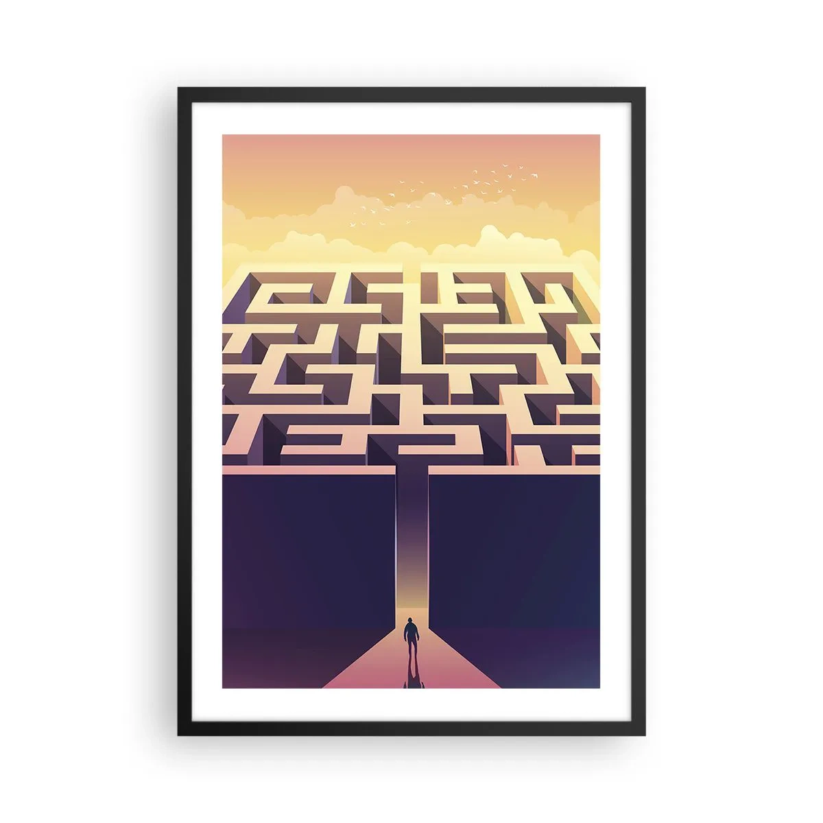 Poster în ramă neagră - Un labirint simbolic în lumină aurie - 50x70cm - Momentul deciziei - Decorațiune modernă pentru perete pentru living și dormitor ARTTOR