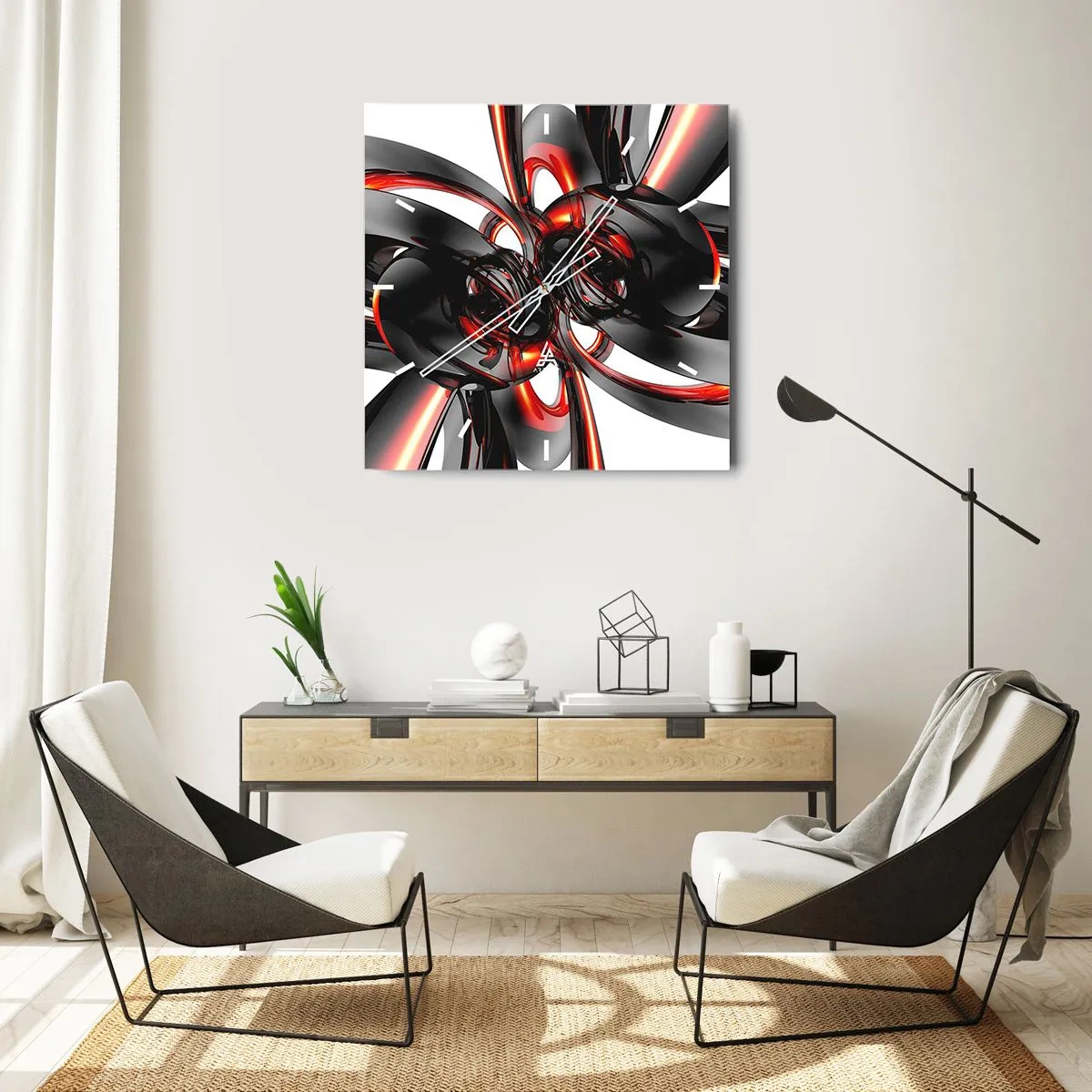 Ceas de perete - Ceas pe sticlă - Mișcare în grafit și roșu - 40x40 cm