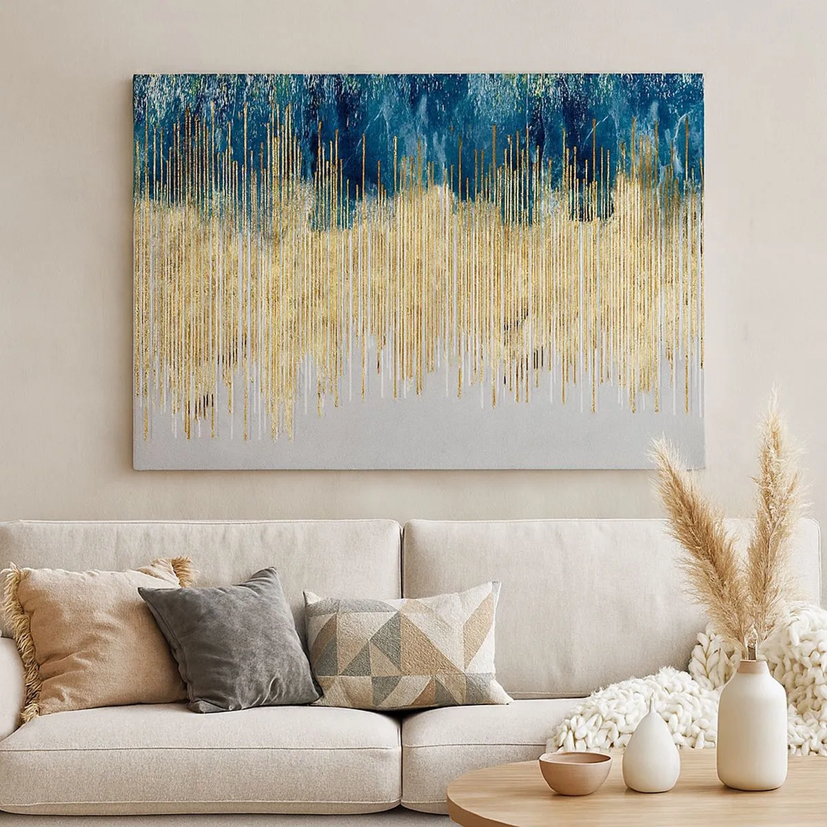 Tablou pe pânză Canvas - Linii aurii pe un fundal de abstracție albastru marin și gri - 70x50cm - Granița aurită - Decorațiune modernă pentru perete pentru living și dormitor ARTTOR