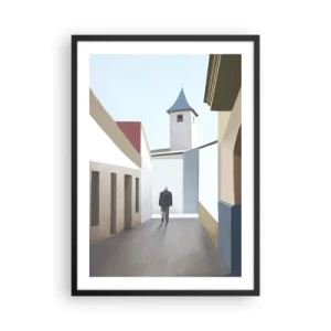 Poster în ramă neagră - O stradă minimalistă cu un trecător singuratic - 50x70cm - Plimbare însorită - Decorațiune modernă pentru perete pentru living și dormitor ARTTOR