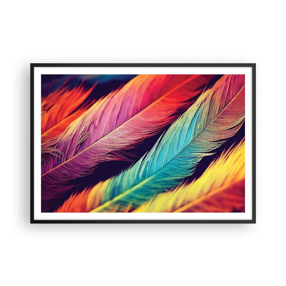 Poster în ramă neagră - Curcubeu cu pene - 100x70 cm