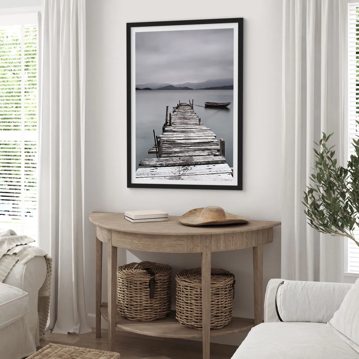 Poster în ramă neagră - Un vechi dig cu o barcă pe ape calme - 50x70cm - Poți pleca mâine - Decorațiune modernă pentru perete pentru living și dormitor ARTTOR