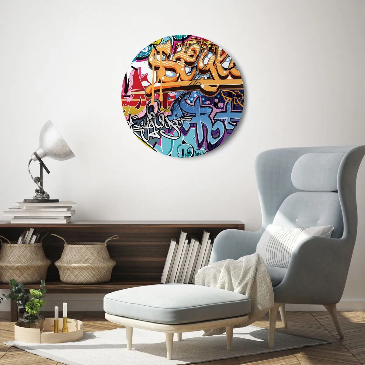 Ceas de perete - Ceas pe sticlă - Un cadran de ceas cu motiv graffiti în culori strălucitoare - 30x30cm - Picturi murale, picturi murale... - Decorațiune modernă pentru perete pentru living, bucătărie și dormitor ARTTOR