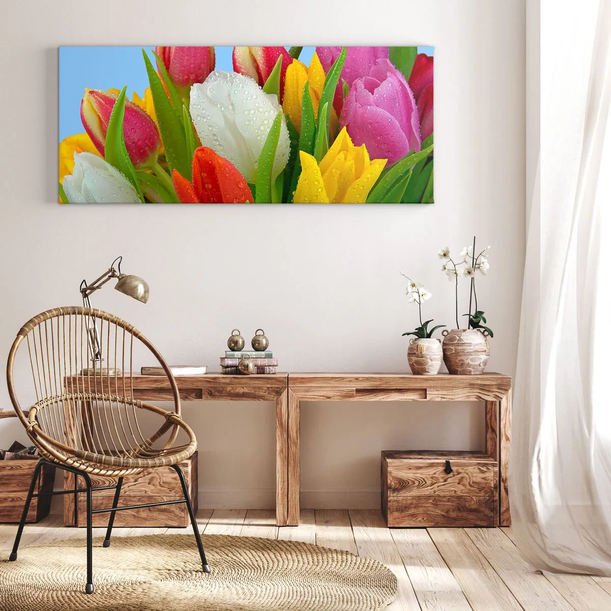 Tablou pe pânză - Un curcubeu floral în picături de rouă - 120x50 cm