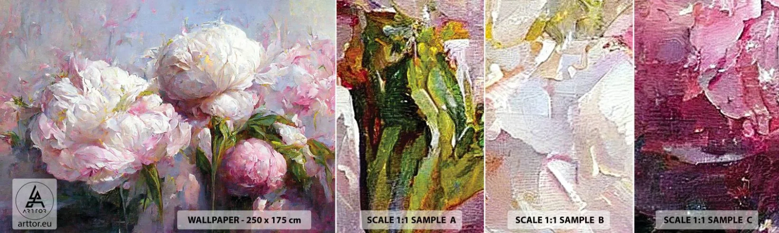 Mostră tapet autocolant Deluxe Sticker - Un buchet plin de viață - Flori, Bujori, Clasicism - 100x30 cm